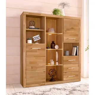 OTTO home Highboard OTTO HOME "Ribe,130cm breit145cm hoch,Fronten Massivholz,12 Fächer", beige (kernbuche teilmassiv), B:130cm H:145cm T:35cm, Holz teilmassiv, Sideboards, Highboard, Korpus aus Holzwerkstoff, Metall Griffe,Böden versetzbar