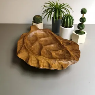 Kinaree Wurzelholz Schale Blatt – Handgefertigte Teakholz Dekoschale aus Indonesien – Naturholz Schale für Obst, Schlüssel oder Deko – Unikat aus massivem Teak Wurzelholz