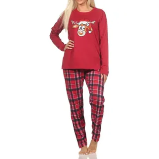 Normann Pyjama Damen Weihnachts Schlafanzug Pyjama mit lustigen Renntier Motiv rot 36-38