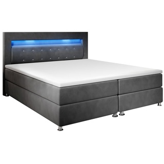 Juskys Boxspringbett Vancouver 180x200 cm - Bett mit LED, Topper & Federkern-Matratzen – Stoff Grau