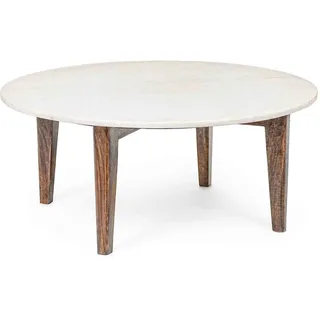 Beistelltisch Sylvester aus Marmor, rundes Design mit Mangoholz-Gestell, klassisch, weiß, Ø 75 cm