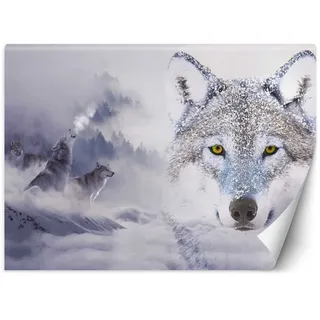 Feeby Fototapete Moderne Wanddeko Wandbild Schnee Frost Nebel 350x245 cm Grau Wandtapete Design Kinderzimmer Küche Büro Flur Wohnzimmer Wald Berge Wölfe Wolfsrudel