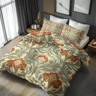 Generisch Jugendstil Bettwäsche 155x220 - Schlafzimmer Deko Vintage Blumen, Jugendstil Bettbezug 155 x 220 3er Set mit 2 Kissenbezug 80x80, Weiche Mikrofaser Sommerbettwäsche mit Reißverschluss