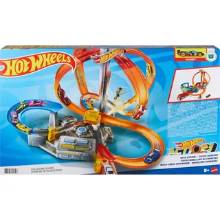Hot Wheels Autorennbahn Mega Crash Superbahn, mit Looping Tracks und Kurven, inkl. 1 Spielzeugauto und 2 Starter, Auto Spielzeug, Spielzeug ab 6 Jahre, CDL45