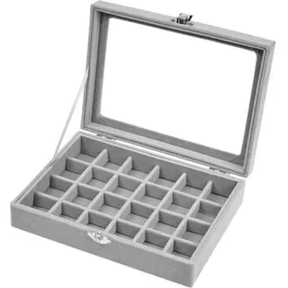 Schmuckkästchen Aus Grauem Samt Mit 24 Fächern Und Glasdeckel, Aufbewahrungsbox Für Ringe, Ohrringe, Armbänder, Uhren Und Halsketten