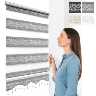 Brillant Doppelrollo Klemmfix ohne Bohren Grau Silber 200 x 100 cm (Länge x Breite) Duorollo Blickdicht mit Perlen, glitzert, Raffrollo Fenster Tür Zebra Perde Klemmrollo Seitenzugrollo