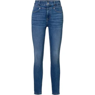 High-waist-Jeans BOSS ORANGE "KITT SKINNY HR BC Premium Damenmode" Gr. 27, N-Gr, blau (open blue466) Damen Jeans Röhrenjeans mit Leder-Badge
