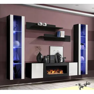 JVmoebel Wohnwand Luxus-Wohnwand in Schwarz mit Sideboard und Vitrinen aus Holz, (6-St., 1x Wohnwand+1x Sideboard Mit Kamin+2x Hänge Vitrine+2x Wandregal), Made in Europa schwarz