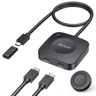 Alxum 20Gbps USB-C Switch für 2 Computer, 2 in 1 Out, 8K@30Hz / 4K@144Hz Video, 140W PD Ladefunktion, USB4 Daten, mit Fernbedienung und LED-Anzeige, USB Umschalter für Laptop, Monitor, Dockingstation