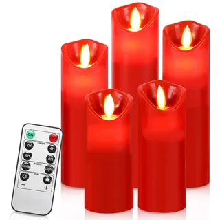 Clanmacy LED-Kerze 5X LED Kerzen Stumpenkerzen aus Echtwachs mit Docht verschiedene Höhen (5-tlg., mit Fernbedienung Timer), Φ 5,3cm x H. 13 / 14 / 16 / 18 / 20 cm rot