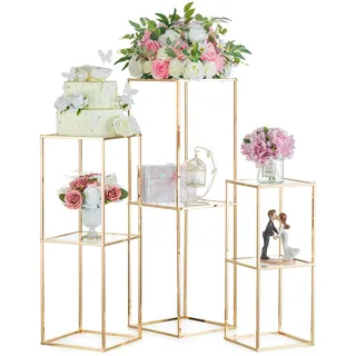 NUPTIO Gold Metall Blumenständer Vase: 60/80/100cm Hoch, 2 Etagen | 3 Stück, Rechteckige, Geometrisches, mit Acrylplatte, für Hochzeit, Tafelaufsatz, Geburtstag, Weihnachten, Halloween, Party