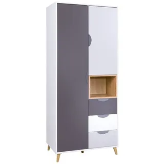 MIRJAN24 Kleiderschrank Joker 02 (2-Drehtüren und 3-Schubladen) mit Kleiderstange, Rollgleitschienen, Skandinavisch grau|weiß