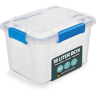 Kreher® Aufbewahrungsbox 18 Liter mit Deckel – wasserdicht & staubdicht, transparent & stapelbar, BPA- & schadstofffrei, robuste Kunststoffbox mit Silikondichtung & 4 Clips (1, 18 Liter)