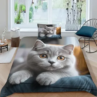 Britisch-Kurzhaar-Katze 3D-Gedruckter Bettwäsche-Set Mit Bettbezug-Set Bedruckt Für Kinder Teenager ErwachseneTagesdecke Bezug Mit Weich Leicht Blaue Katze Duvet Cover 2-Piece Einzeln(135x200cm)