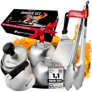 BERGVIBES Burger Smasher, Smash Burger Set 6 TLG. aus Edelstahl, Smash Burgerpresse,2 x Burgerhaube, Alu Burgerpresse, Plancher Spachtel, Smashed Burger Presse,Grillzange, Smasher, Plancha zubehör,