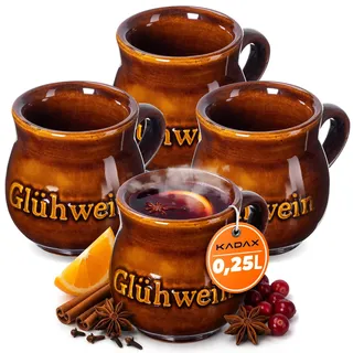 KADAX Glühweinbecher 250ml, 4er Set, Tonbecher mit Henkel für Glühwein, handgefertigter Becher aus Keramik, Keramikbecher, Glühweintassen aus Ton, Weihnachtstassen