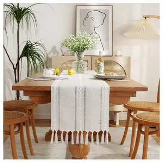 TUWENA Tischläufer Tischläufer,Landhausstil Tischdecke,Vintage Waschbar Tisch mit Fransen beige