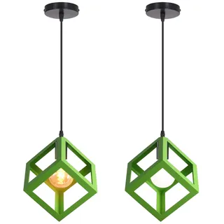iDEGU 2 Stück Hängeleuchte, modern, Würfelform, Deckenleuchte, Lampenschirm im geometrischen Stil, aus Metall, E27, Beleuchtung zum Aufhängen, für Schlafzimmer, Wohnzimmer, Restaurant – 16 cm, Grün