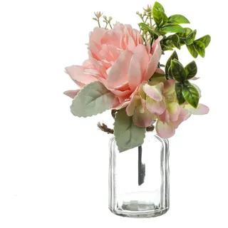 Kunstblumenstrauß Pfingstrose und Hortensie in Mini Glasvase rosa