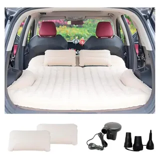 KMZ Auto Matratze, Doppelseitige Luftmatratze, 2 Kissen, Verdickte Beflockung, Beige/Kaffee, ideal für Kofferraum und Rückbank. - Beige/Braun