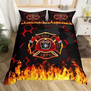 richhome Feuerwehr Kinder Bettbezug Set 155x220, Feuerwehr LKW Werkzeug Flamme Bettwäsche Set, geometrische Waben Hexagon Tröster Abdeckung, rot schwarz Quilt Cover, 1 Kissenbezug