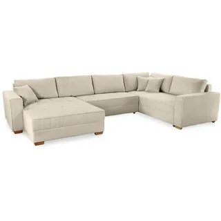 luma-home schönes für dein zuhause Wohnlandschaft U-Form B379/T227/H86 cm, Sofa Schlaffunktion und Bettkasten, Wellenunterfederung, seitenverkehrt montierbar, Bezug Cordstoff in Beige Grau / 15200