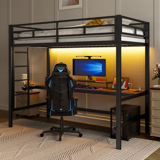 Merax Hochbett mit Schreibtisch 90x200 cm, Kinderbett Stockbett mit intelligentem Ambientelicht, Steckdose, USB- und Typ-C-Anschlüssen, Bettgestell aus Metall für Kinder und Erwachsene, Schwarz