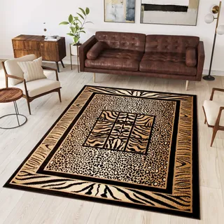 TAPISO Atlas Teppich Kurzflor Afrika Tiermuster Tiger Leopard Rahmen Braun Beige Schwarz Bordüre Wohnzimmer Schlafzimmer Modern Design ÖKOTEX 130 x 190 cm