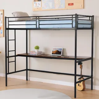 HOMYLIN Etagenbett mit Schreibtisch 90 x 200 cm, Metallbettrahmen mit Ladestation, Hochbett für Kinder, Jugendliche und Erwachsene, schwarz