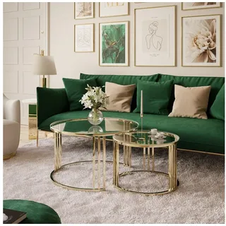 ALLHOUSE24 Couchtisch PEONY 2in1 GLAS runder Couchtisch GOLD Chrom Metallgestell (2er Set), Durchmesser: ⌀70 cm und ⌀50 cm weiß