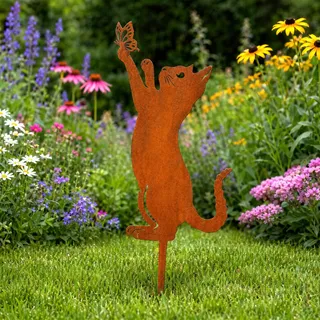 SLIAXINT Gartenstecker Katze und Schmetterling, Wetterfeste Gartendeko aus Metall in Edelrost Rostoptik, Gartendeko Katzes, Katze Roststecker für Garten Terrass Balkon, Vintage Gartendekos für Draußen