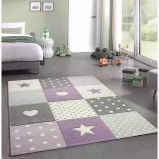 Teppich-Traum Kinderzimmer Teppich Spiel & Baby Teppich Herz Stern Punkte Design in Lila Grau Creme Größe 200 x 290 cm