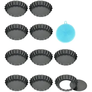 Highkit 10 Stück Tarteform mit Hebeboden, Antihaftbeschichtung Quicheform Klein 10 cm / 4 Zoll Rund Pie Form, Tartelette Förmchen aus Kohlenstoffstahl