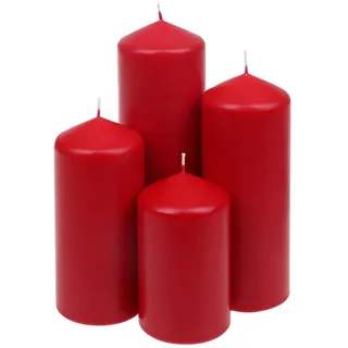 Stumpenkerzen 4er-Set Abgestuft Rubin Rot, Adventskerzen, Weihnachtskerzen