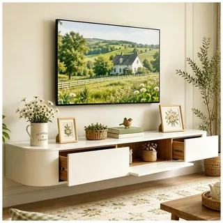 JUNFUNNLE Schwebende TV Schrank 160cm Weiß, TV Lowboard Hängend mit 2 Schubladen & 1 Klappen Türen, TV Board Hängend mit Kabelmanagement, Hänge Sideboard für Wohnzimmer und Esszimmer