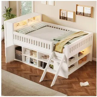 Odikalo Holzbett Hochbett Jugendbett Einzelbett mit LED Leitplanke offene Regalfächer (120/140x200 Gästebett Bettgestell mit Sicherheitsumrandung Leiter (ohne Matratze) weiß 145 cm x 223 cm x 118 cm
