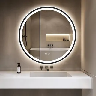 GIMBELEN Runder Spiegel mit Beleuchtung, Badspiegel mit Beleuchtung mit Speicherfunktion, dimmbar, 3 Lichtfarben, IP44 HD Sicherheitsglas, LED Spiegel Bad Schwarz, 50 cm