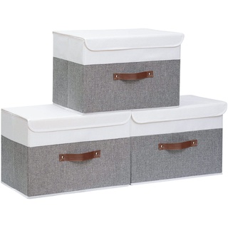 Yawinhe 3 Stück Aufbewahrungsbox mit Deckel, Faltbare Stoffboxen, Waschbare, für Schlafzimmer, Kleideraufbewahrung, 33x23x20cm, Weiß/Grau, SNK018WGS-3