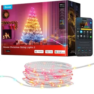 Govee RGBWIC Weihnachtsbeleuchtung 30m, Weihnachtslichterkette Außen & Innen mit 300 LEDs für Weihnachtsbaum, 130+ Szenenmodi, Shape Mapping, App Steuerung, Kompatibel mit Matter, Transparentes Kabel