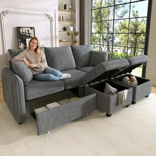 Merax Multifunktionales Ecksofa, 3-Sitzer Polster-Sofa mit Schlaffunktion, mit 2 Staufunktion Hocker, mit 2 Schubladen, modular zerlegbar, Cord-Stoff, für kleine Wohnungen, Dunkelgrau