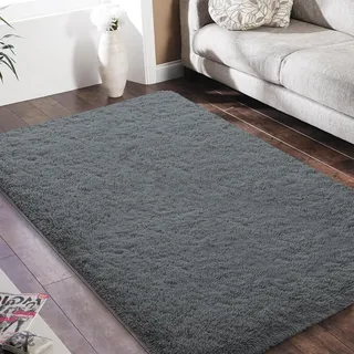 HOKXUAN Hochflor Teppich Wohnzimmer 140 x 80 cm Kurzflor rutschfest Flauschig Flauschige Moderne Teppiche Matte Teppichen Modernes Einfarbiges Design für Küche, Schlafzimmer, Dunkelgrau
