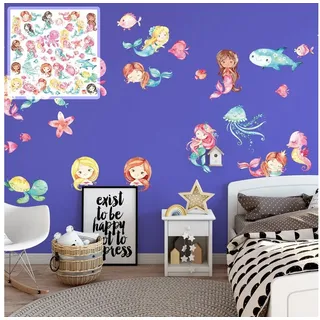 Sunnywall Wandtattoo XXL Wandtattoo Meerjungfrauen Set Kinderzimmer Unterwasserwelt blau
