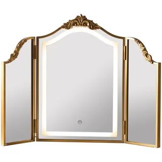 HSDDHOME Antiker goldfarbener dreifach Faltbarer Make-up-Spiegel mit dreifarbiger LED-Beleuchtung und Dimmung, barocker geschnitzter Bogen, Vintage-Kosmetikspiegel, Bohemian-Dekor für Schlafzimmer
