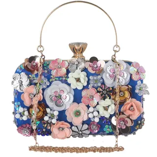 CORIOS Damen Clutch Tasche Blumen Abendtasche Hochzeit Bag Elegante Kette Shiny Strass Handtasche Schultertasche Umhängetasche für Hochzeit Abschlussball Bankett-Party Blau