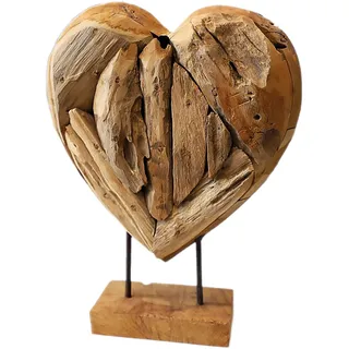 Teakholz Herz-Skulptur auf Sockel - Recyceltes Massivholz Dekoherz - Handgefertigt, Unikat - 24x30x8cm - Stilvolles Deko-Element