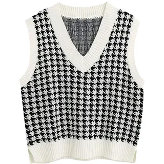 shownicer Damen Pullunder Karierte Strick V-Ausschnitt Tanktop Dünne Mädchen Elegante Strickjacke Strickweste Lässige mit Retro Muster Strickpullover Crop Pullover - XS