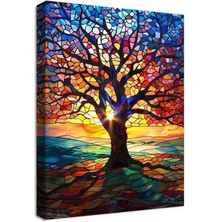 Bunter Baum des Lebens Leinwandbild 30x40cm mit Rahmen Abstrakt Rot