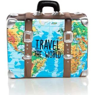 Spardose Reisekoffer: Sparbüchse Erwachsene & Kinder, Große Box Weltkarte, Gelddose zum Öffnen Keramik, Urlaubskasse Reise, Geschenk Geburtstag, Hochzeit, Sparschwein Weltreise, Bunt, 14 x 13 x 6 cm