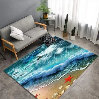 Morbuy Teppich Wohnzimmer Flanell Kurzflor Teppiches, Blau Ozean Strand Drucken Teppich Waschbar rutschfest Krabbelmatte für Kinderzimmer Schlafzimmer Dekoration (50x80cm,Strand)