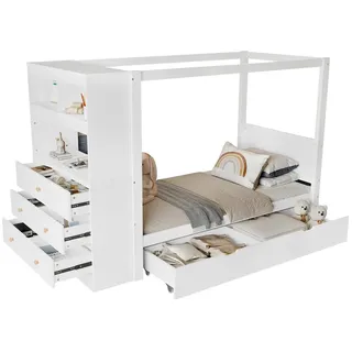 SOFTWEARY Einzelbett mit Stauraum (90x200 cm, Himmelbett), Stauraumbett, Holzbett mit Lattenrost, Kiefer weiß